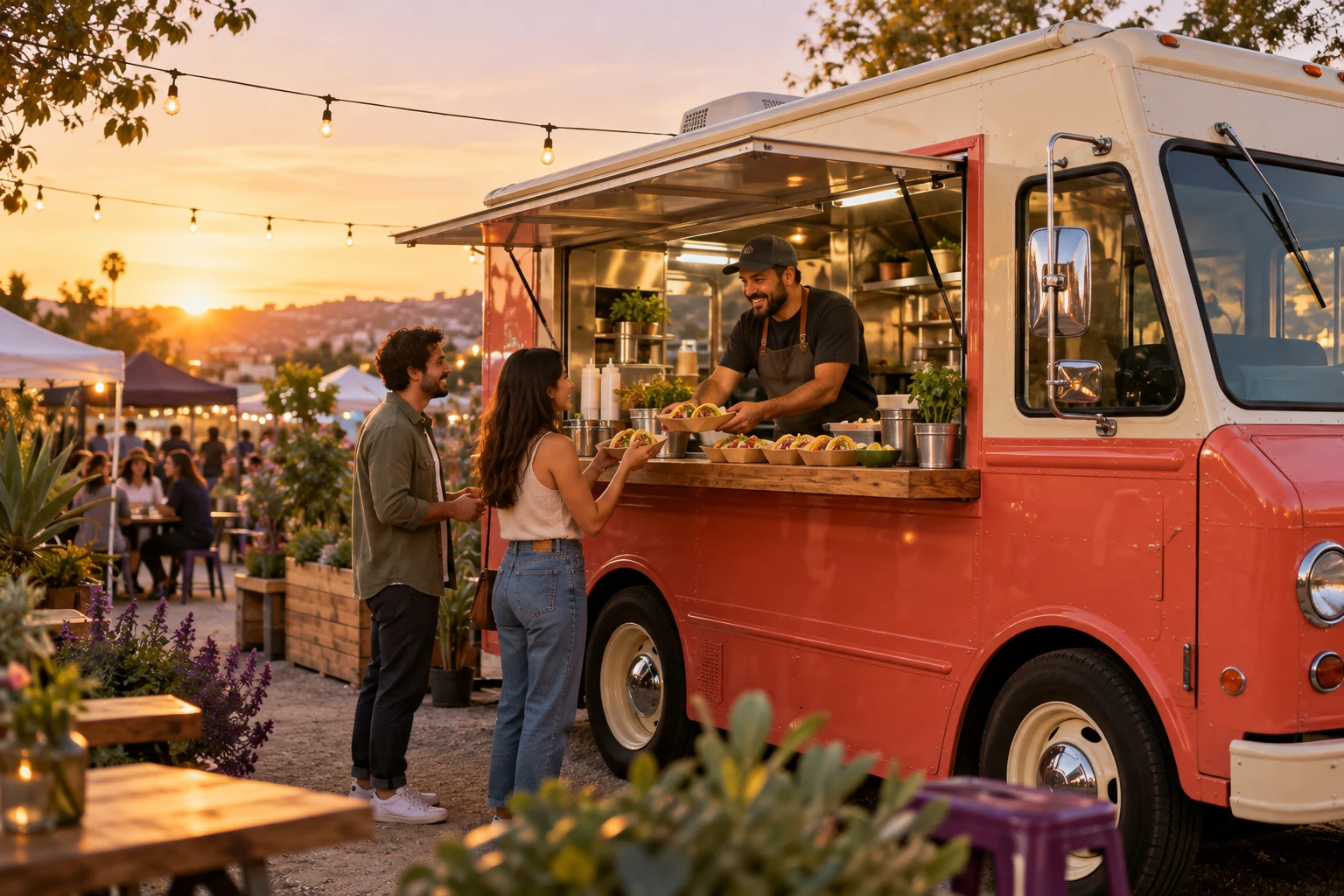 A welcoming taco truck at a neighborhood market in warm evening light